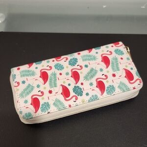 Flamingo Print Zip Wallet - White with Pink & Teal